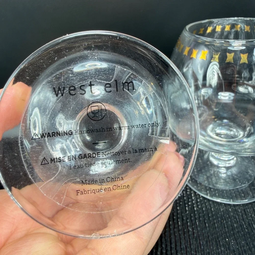 West‎ Elm Brandy Snifter Glasses Set of 2 Gold Bow Ribbon Pattern Clear Barware